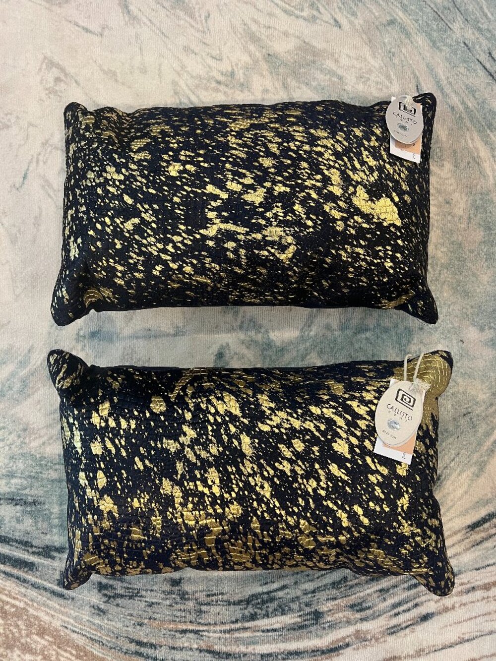 1 - NWT Callisto Home Navy Gold Cow Hide Texture Lumbar Pillows 14x24